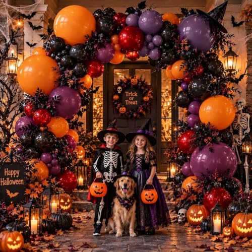 Halloween Balloon Arch Kit Double Stuffed Black Purple Orange Balloons for Spooky Party Decorations - Variation Black Purple Orange