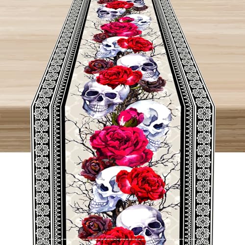Rustic Gothic Skull Table Runner - 13x36 Inch Halloween Home Decor - Variation of Skull-5