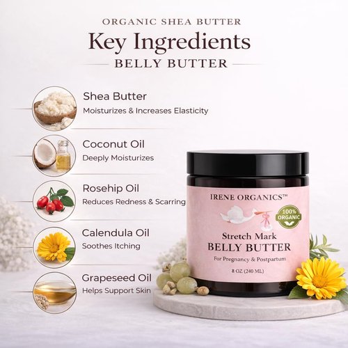 Organic Belly Butter for Pregnancy Stretch Mark Prevention and Treatment by Irene Organics - Award Winning Anti Stretch Mark Tummy Balm For Pregnancy and Postpartum 4oz - Hydrating Bump Cream