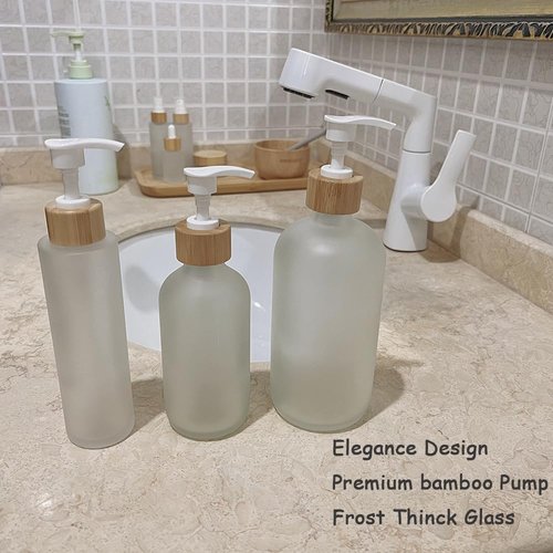 2PCS 150ML/5oz Empty Refillable Frosted Glass Pump Bottles Container Holder Vials Pot Storage with Bamboo Screw Pump Head for Bath Shower Shampoo Hair-Conditioner Cleanser Makeup Liquids