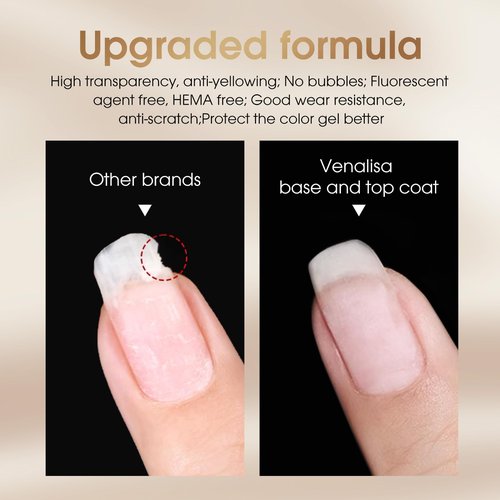 VENALISA No Wipe Gel Top Coat and Base Coat Set 2 Pcs 10ML for Gel Nail Polish, Shiny Finish and Long Lasting Soak Off Salon Manicure DIY at Home For Girls Women