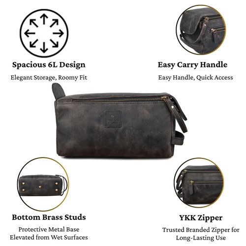 Full Grain Leather Toiletry Bag for Men & Women – Water-Resistant Travel Shaving Kit Organizer with YKK Zipper, Spacious Bathroom Grooming & Cosmetic Storage Case - Chalkboard Grey