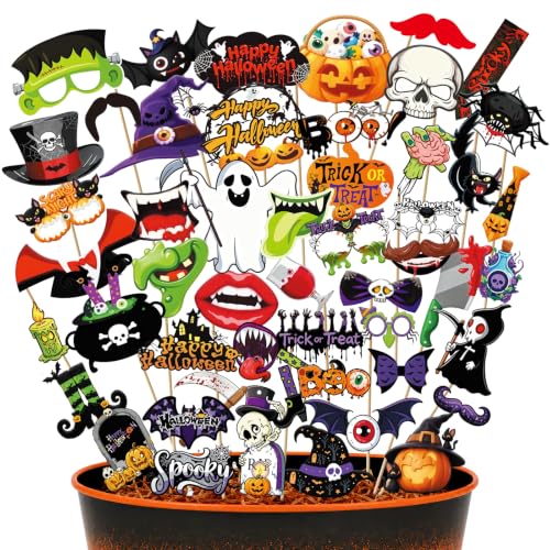 Halloween Photo Booth Props Set - 30 Pcs Witch Pumpkin Bat Ghost Spooky Party Decorations - Ghost 52 Pcs Variation