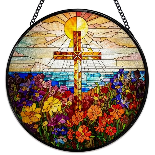 Cross Flower Suncatcher Stained Glass Window Hanging - Religious Wall Art Decor, 7.9 Inch, Color02
