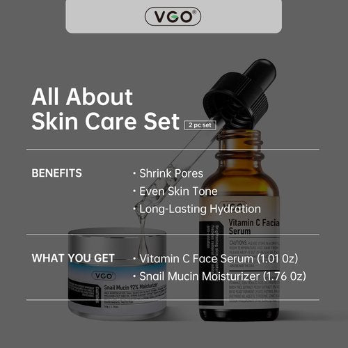 VGO Skin Care Set, with Snail Mucin 92% Moisturizer 1.76 Oz & Vitamin C Face Serum 1.01 Oz, Daily Hydrating & Firming Skincare Routine Kit for All Skin Type