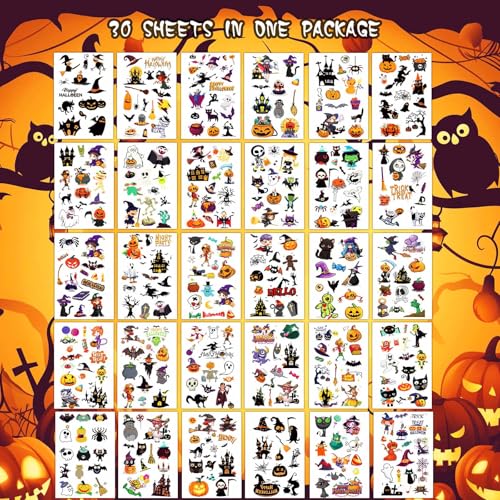Halloween Pumpkin Temporary Tattoos Stickers - 30 Sheets, 380+ Designs, Kids & Party Decor