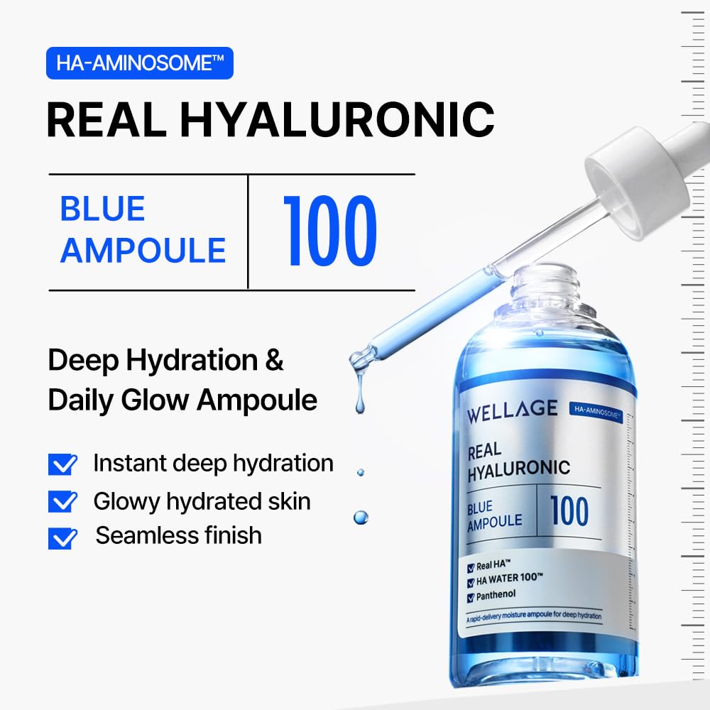 WELLAGE Real Hyaluronic Blue Ampoule 100 - Fragrance-Free Hyaluronic Acid Serum for Sensitive Skin | 1.01 fl. oz.