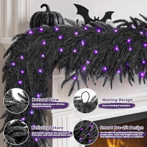 Pre-Lit Halloween Garland 6ft Black Norfolk Pine with Purple LED Lights