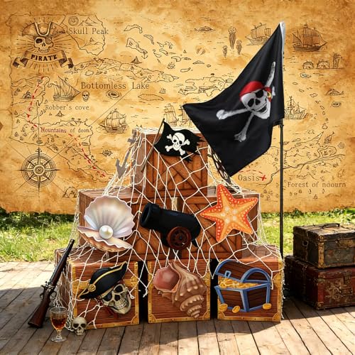 Pirate Party Decorations Set with Treasure Map Backdrop and Flags - Halloween Theme