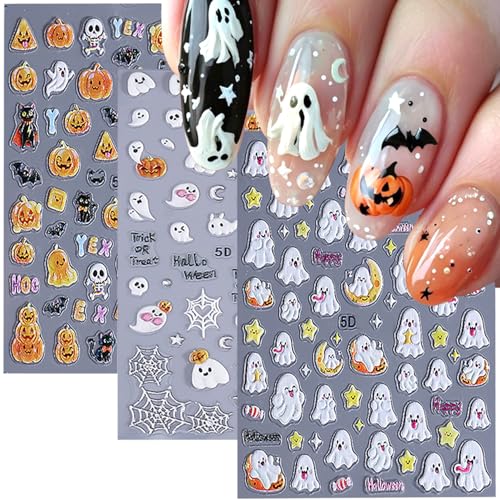 Halloween Ghost Nail Stickers - 3 Sheets Self-Adhesive Pumpkin Spider Web Decals - Variation of THIS listing: 6