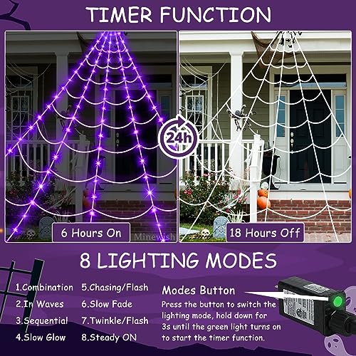 Halloween Spider Web Lights Outdoor Set with Purple LED, Black Spider & Web - 16.4Ft, 8 Modes, Large Spider & Cobwebs, Variation: Black Spider & White Webs