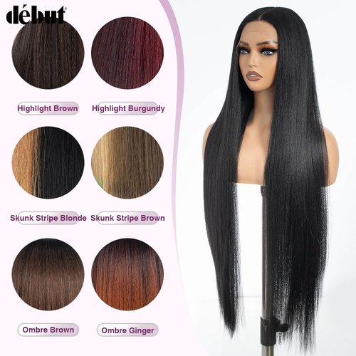 DÉBUT Light Yaki Straight Lace Front Wigs 36 Inches Super Long Wig 13x4x0.5 Middle Part Natural Hairline with Baby Hair Synthetic Wig for Women 1B Color
