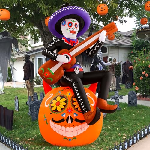 8 Ft Halloween Inflatable Skeleton Pumpkin Guitar with LED Lights for Outdoor Lawn Decor