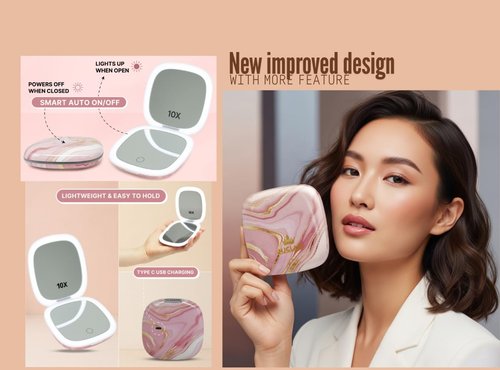 NJ GLAM Lighted Makeup Compact Mirror, 3.9 Inch – 1x/10x Magnification Portable, LED – Auto Light On/Off - USB Charging, (Blush Marble)