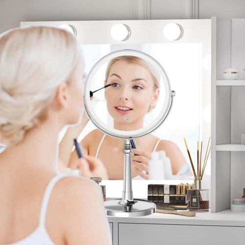 9" Large Make up Vanity Mirror with Lights Chrome Two Way Mirror 1x/10x Magnifying Mirrors with Light and Stand 4000mAh Rechargeable Led Makeup Mirrors for Desk Dresser Table
