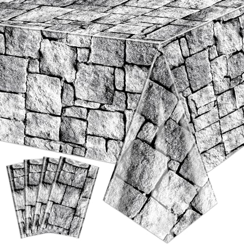 4 Pack Stone Wall Tablecloths - Rectangular Cobblestone Party Cover 51 x 106 Inch - Medieval Castle Decor