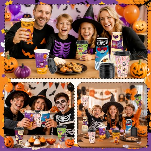 Halloween Disposable Coffee Cups 16oz with Lids - 48 Pack, Spooky Designs