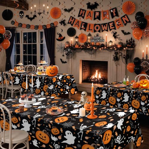 Halloween Disposable Plastic Tablecloth 54x108 Inch - 3 Pack for Indoor Outdoor Parties - Black Pumpkin Skeleton Design - Variation: Halloween