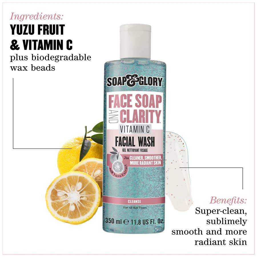 Soap & Glory Vitamin C Brightening Facial Cleanser - 3-in-1 Foaming Face Wash & Makeup Remover - Deep Cleansing & Hydrating for Radiant Skin (11.8 fl oz)
