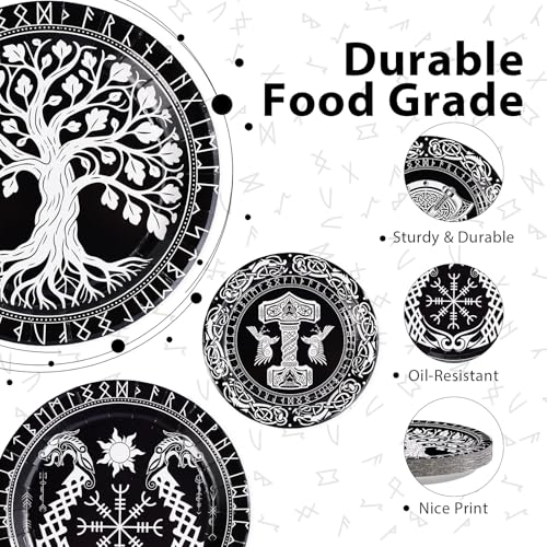Viking Theme Paper Plates 9-Inch Black & White Set with Tree of Life - Variation of Viking Warrior Theme Round Plates