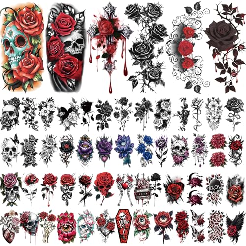 Spooky Flower Skull & Rose Temporary Tattoo Set - Large 77 Sheets for Halloween & Festivals