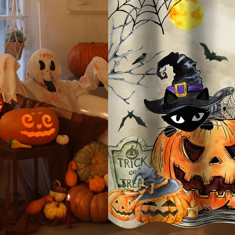 Halloween Shower Curtain Black Cat Pumpkin Waterproof Fabric Bath Decor - Black Cat Variation