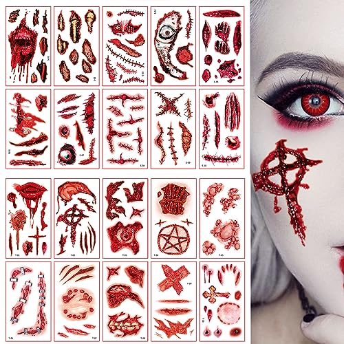 20 Sheets Halloween Temporary Tattoos Body Face Fake Stitches Waterproof Cosplay Props