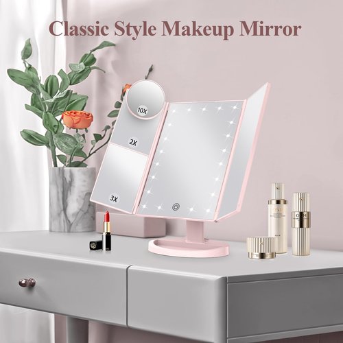 HUONUL Makeup Mirror, Vanity Mirror with Lights, 2X/3X/10X Magnification, Touch Control, Trifold Mirror, Dual Power Supply, Valentines Day Gifts for Her,Gifts for Women, Wife, Mom, Teengirls