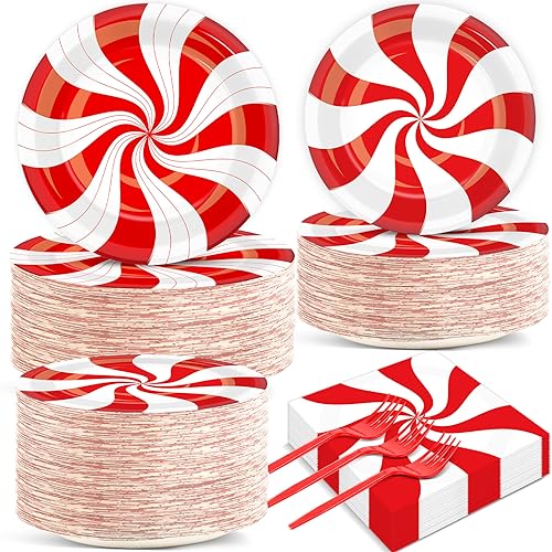 Christmas Peppermint Candy Cane Plates & Napkins Party Set - 200PCS, Disposable Tableware, Holiday Party Supplies