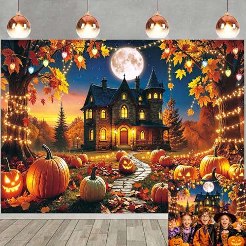 94x70 Inch Halloween Haunted House Backdrop Pumpkin Full Moon Banner