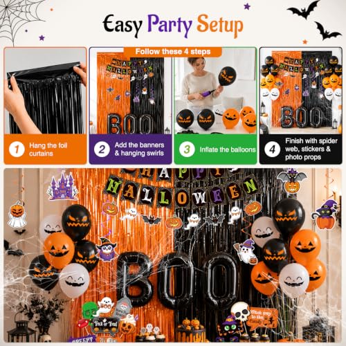 Halloween Party Decorations Set - Black & Orange Halloween Festive Supplies, 112 Pieces with Banners, Balloons & Props - Variation: Black Orange