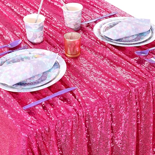 Fuchsia Sequin Tablecloth 60x102 Inch Rectangular Sparkly Party Decor