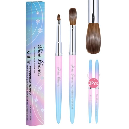 Shine Chance 2Pcs Acrylic Nail Brushes Set, 100% Pure Kolinsky Size 12 Nail Art Brush & Small Clean Up Brush, Art Design & Polish Mistake Cleaning Manicure Tools for Women Acrylic Application