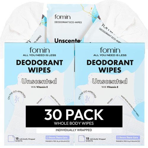 FOMIN Travel Deodorant Wipes - 30 Count - Unscented - pH Balanced, Hypoallergenic Mini Deodorant Wipes For Women and Men - Plastic-Free, Individually Wrapped Underarm & Body Wipe