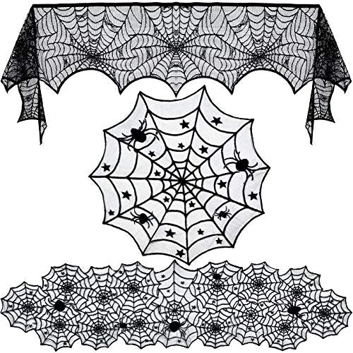 Black Lace Halloween Decorations Set - Spider Web Tablecloth & Mantel Scarf - 3 Pack