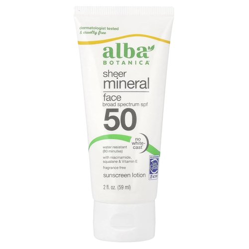 Alba Botanica Sunscreen - Fragrance-Free Sheer Mineral Lotion | Broad Spectrum SPF 50, 2 fl. oz.