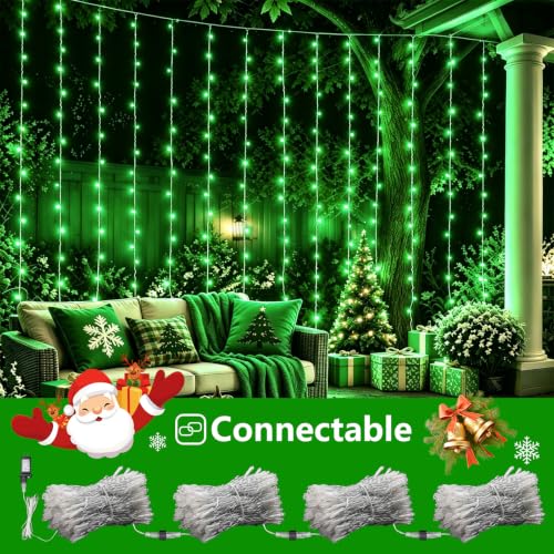 Green Halloween LED Curtain Lights - 300 LEDs, 8 Modes, Waterproof, 9.8x9.8ft, Connectable