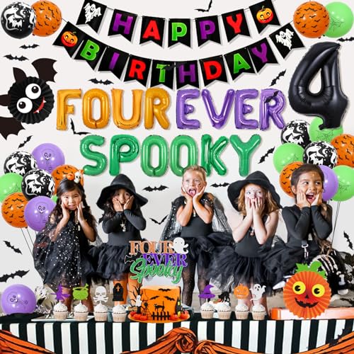 Halloween 4th Birthday Party Decorations Foil Balloons Banner & Ball Set - Black, Orange, Green, Ghost & Bat Theme with Variation Black Orange Green