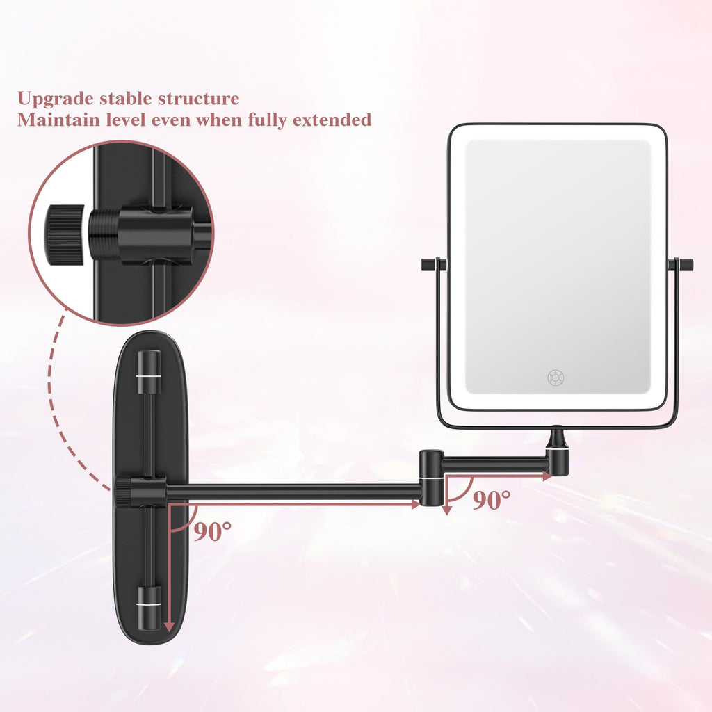 Wall Mounted Lighted Makeup Mirror, Rectangle Double Sided 1X/10X Magnifying Bathroom Height Adjustable Mirror, 6000mAh Rechargeable 3 Color and Dimmable Lights, 360 Rotation Shaving Vanity Mirror