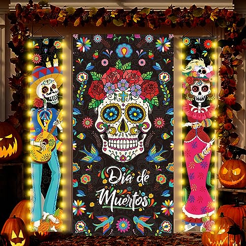 3-Pack Day of The Dead Porch Signs with LED Lights - Mexican Sugar Skull Door Decorations for Halloween & Fiesta