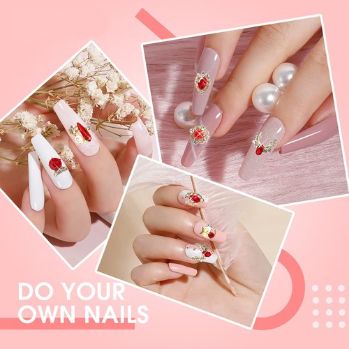 JERCLITY 30 Pieces 3D Luxury Alloy Gold Nail Charms Flat Back Red Nail Rhinestones Gems Jewels Crystal Diamonds for Nails Nail Pearls Diamonds for 3D Nails Art Decoration Accessories