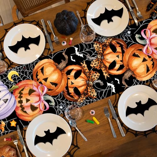 Halloween Spider Web Table Runner with Pumpkins and Bats - 13x72 Inch - Pink Variation