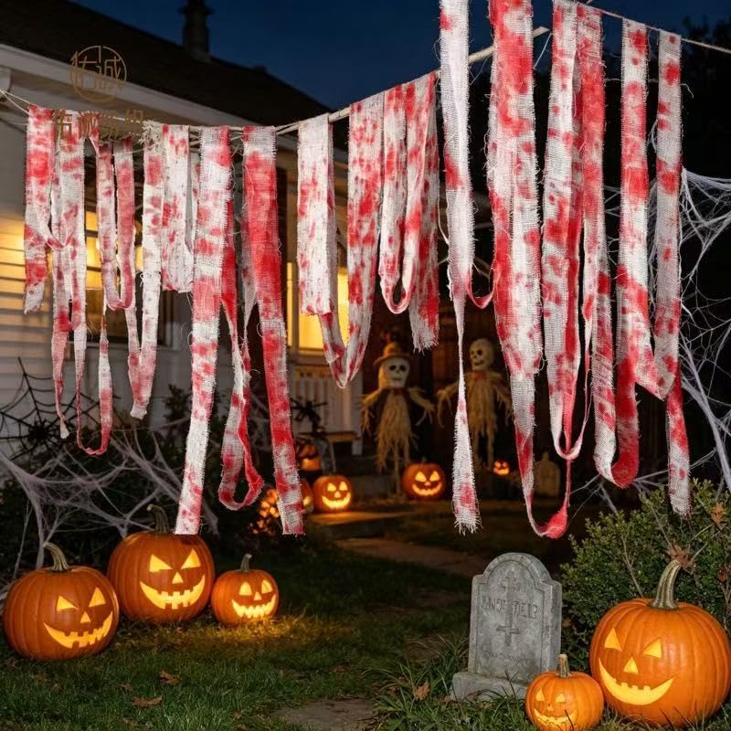 Blood Gauze Bandage Decor Set - Haunted House Halloween Prop, 3 Rolls 32ft