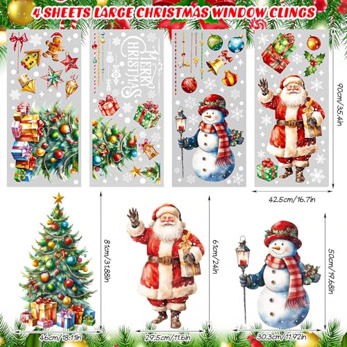 Christmas Window Clings Set - 4 Sheets Large Santa Snowman Holiday Decals for Glass & Mirrors