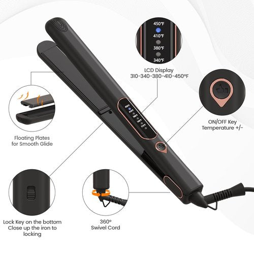 1 Inch Hair Straightener and Curler 2 in 1, Ceramic Titanium Flat Iron, Dual Voltage Straightening Irons with Fast Heating,Glove and 2 Clips Include