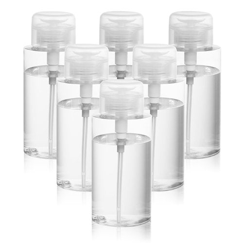 RAMFIYN 10oz Acetone Pump Dispenser 6 Pack Plastic Alcohol Push Down Dispenser with Labels Refillable Alcohol Pump Dispenser Bottle Empty Nail Polish Remover Bottle