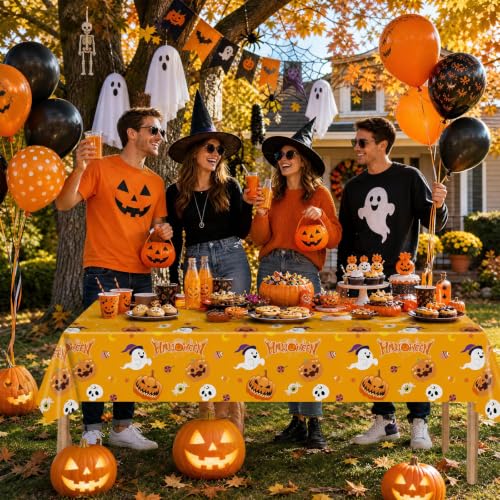 Halloween Disposable Plastic Tablecloths 3 Pack - Waterproof Pumpkin & Ghost Pattern, 54x108 Inches
