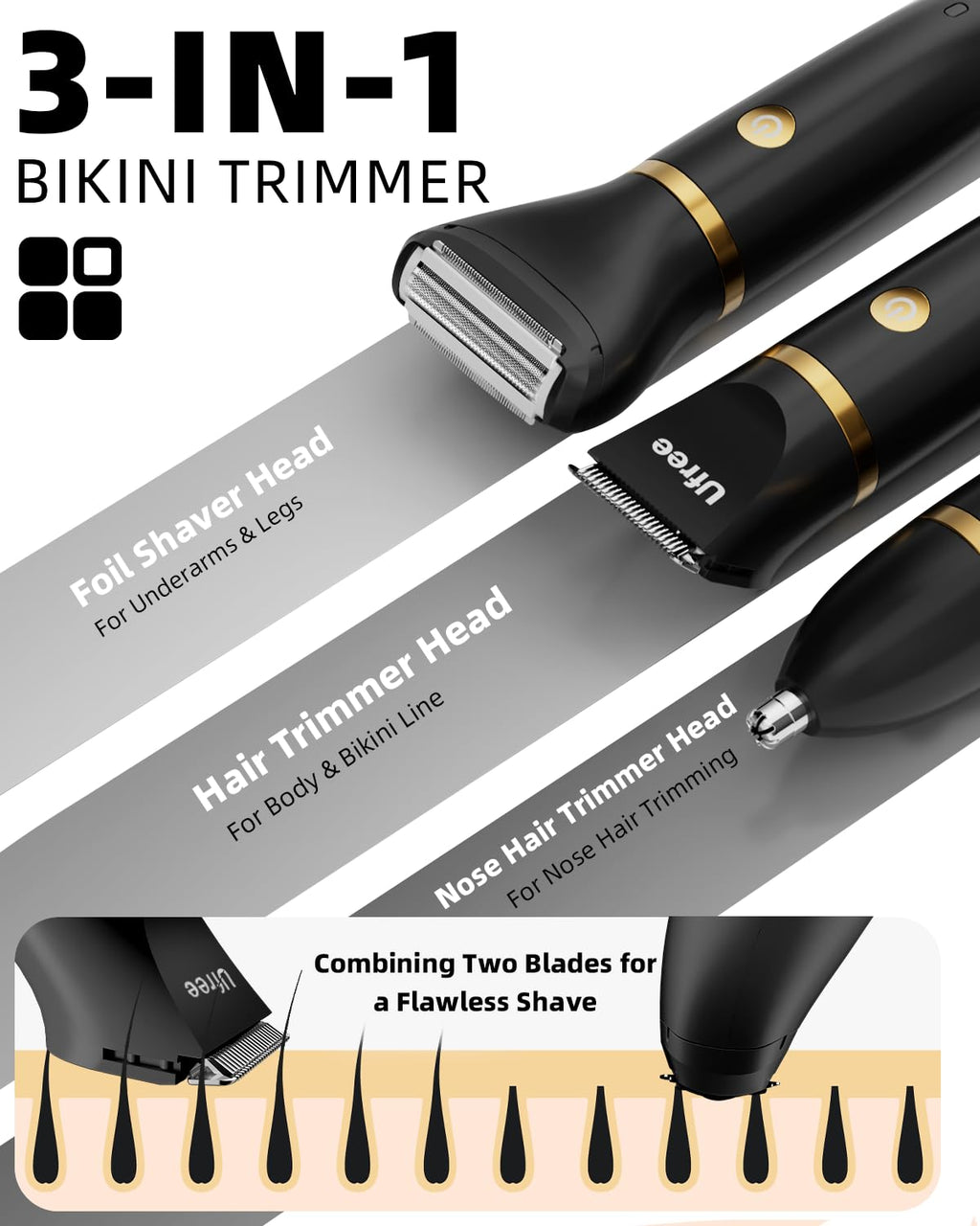 Ufree Bikini Trimmer - Electric Razor for Women | Rechargeable & Waterproof Body Hair Shaver - Black
