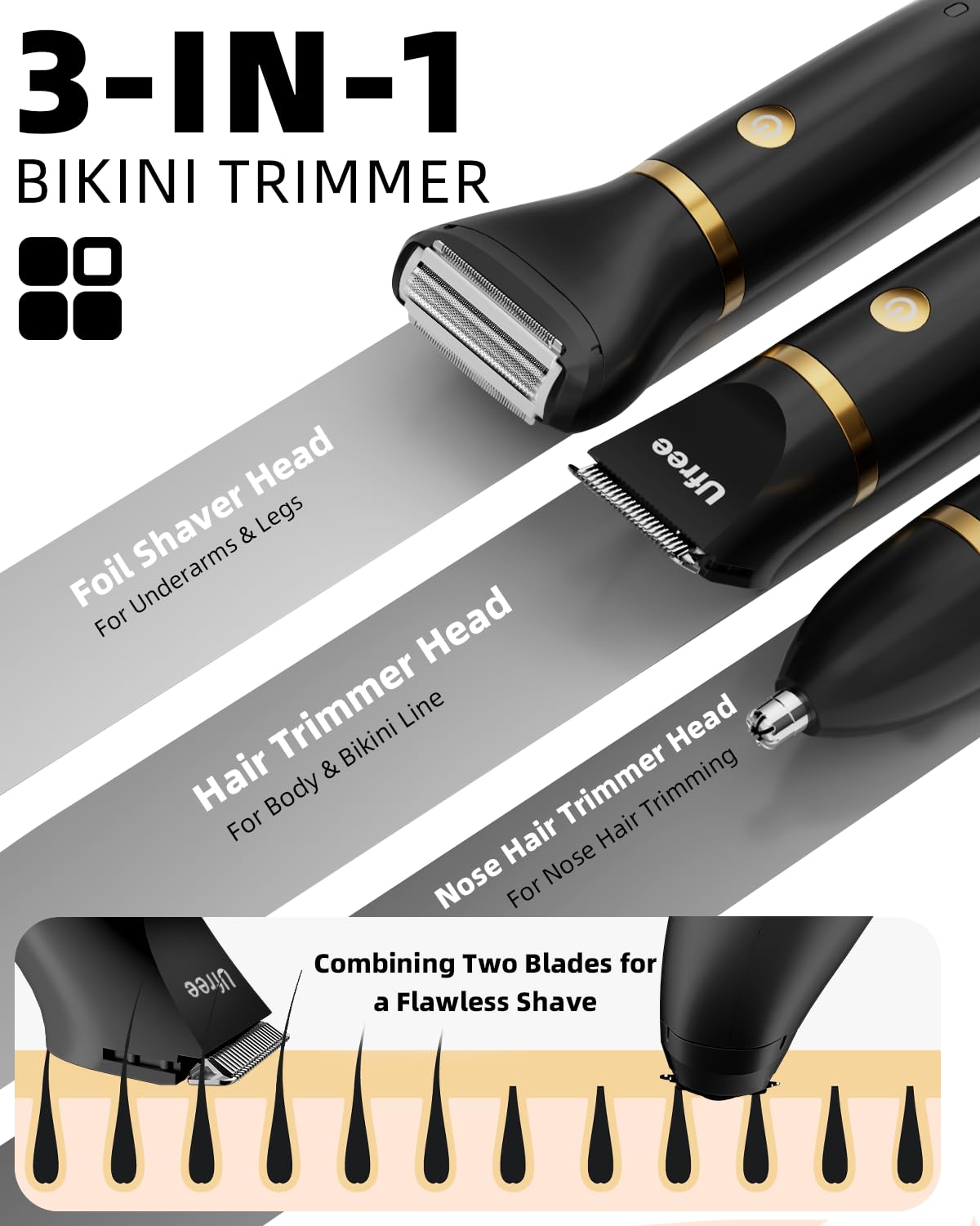 Ufree Bikini Trimmer - Electric Razor for Women | Rechargeable & Waterproof Body Hair Shaver - Black