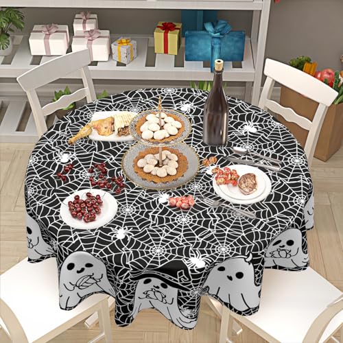 Halloween Round Tablecloth 60 Inch Ghost Spider Web Design - Reusable & Washable